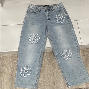 Embroidered Light Blue Straight Leg Jeans